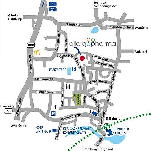 Ihr Weg zu Allergopharma – Anfahrt für Besucher & Lieferanten Karte mit dem Standort von Allergopharma in Reinbek, Deutschland. Einschließlich der umliegenden Straßen, Parkplätze (P), S-Bahnhof Reinbeker Schloss, Hotel Waldhaus und Freizeibad. Hauptstraßen wie K80 und L214 sind angegeben.